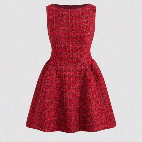 WomenVintage Metallic Fiber Christmas Wine Red Tweed Waist-Cinched Hem Mini Dres - Picture 1 of 4